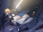  1girl archer armor armored_dress artoria_pendragon_(all) blonde_hair bow_(weapon) dress excalibur fate/hollow_ataraxia fate/stay_night fate_(series) game_cg glowing glowing_sword glowing_weapon saber sword takeuchi_takashi weapon 