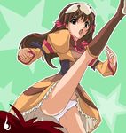  boots brown_eyes brown_hair dress hair_ribbon high_kick kicking knee_boots leg_lift long_sleeves panties pantyshot pantyshot_(kicking) re_mii ribbon shiikeru solo underwear upskirt white_panties zoids zoids_genesis 