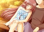  1girl bench blue_panties camisole closed_eyes couple game_cg hetero lisianthus miniskirt nishimata_aoi panties pantyshot pantyshot_(sitting) polka_dot shuffle! sitting skirt sleeping sleeping_upright striped striped_panties tsuchimi_rin underwear 