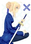  ahoge artoria_pendragon_(all) blonde_hair excalibur fate/stay_night fate_(series) green_eyes hair_bun long_sleeves mizuki_makoto saber solo sword weapon 