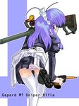  anti-materiel_rifle bad_gun_anatomy blue_eyes blue_hair bow copyright_request dress excel_(gewalt) glasses gun handgun large_bow leaning_forward leg_lift long_hair long_sleeves maid maid_headdress panties pantyshot pantyshot_(standing) pink_panties rifle shoes smiley_face sniper_rifle solo standing striped striped_panties thighhighs underwear upskirt weapon white_legwear 