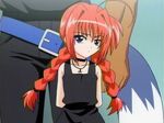  ahoge arms_behind_back belt blue_eyes braid choker expressionless hair_intakes jewelry long_hair lyrical_nanoha mahou_shoujo_lyrical_nanoha mahou_shoujo_lyrical_nanoha_a's necklace pants red_hair screencap solo_focus twin_braids twintails vita zafira 