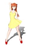  3d arm_behind_head artist_request black_eyes choker dress long_hair looking_at_viewer neon_genesis_evangelion orange_hair red_footwear shadow shoes short_dress solo souryuu_asuka_langley standing yellow_dress 