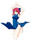  artist_request bad_hands breasts china_dress chinese_clothes closed_eyes dress hair_ribbon jumping kohaku medium_breasts mr_chin open_mouth red_hair ribbon smile solo tsukihime 