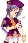  artist_request ascot bracelet braid closed_mouth collared_shirt cowboy_shot expressionless hat head_tilt jacket jewelry long_hair looking_at_viewer melty_blood purple_eyes purple_hair purple_jacket purple_legwear shirt simple_background sion_eltnam_atlasia skirt solo thighhighs tsukihime very_long_hair white_background white_skirt zettai_ryouiki 