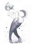  2018 anthro blush breasts butt canid canine canis clothing domestic_dog embarrassed female flying_witch inukai_(flying_witch) jeans mammal monochrome nakitacat pants simple_background solo standing transformation undressing 