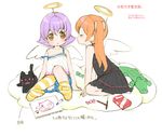  :o angel bare_arms bare_shoulders black_dress black_fur bon_bon brown_eyes camisole candy cat closed_eyes drawing dress food full_body halo multiple_girls no_shoes off_shoulder orange_hair parted_lips pink_sclera pocky purple_hair reset_(wonder_festival) sakura_koharu short_hair sitting socks strap_slip striped striped_legwear sweets thighhighs wanda_(wonder_festival) wings wonder_festival wonder_festival_mascots yellow_legwear 