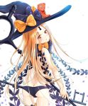  1girl :o abigail_williams_(fate/grand_order) absurdres ass bangs black_bow black_hat black_panties blonde_hair blush bow butt_crack commentary_request cowboy_shot fate/grand_order fate_(series) flower hat hat_bow head_tilt highres holding holding_key key keyhole long_hair looking_at_viewer looking_back orange_bow oversized_object panties parted_bangs parted_lips petals red_eyes revealing_clothes sakazakinchan skull_print solo stuffed_animal stuffed_toy teddy_bear topless underwear very_long_hair white_background white_flower witch_hat 