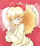  altessa asiaaqua bangs bed blonde_hair bow closed_eyes fushigiboshi_no_futago_hime hair_bow long_hair long_sleeves pajamas pillow ponytail sleeping solo 