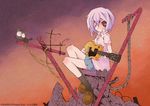  ayanami_rei bandages blue_hair cat chain electric_guitar eyepatch flcl gainaxtop guitar instrument kuma_jet neon_genesis_evangelion parody red_eyes ruins short_hair sitting skirt socks solo takkun_(flcl) 