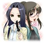  black_hair border braid brown_hair fading_border feathers freckles glasses kakizaki_megu kitano_tomotoshi kusabue_mitsu long_sleeves multiple_girls open_mouth purple_eyes rozen_maiden smile sparkle upper_body yellow_eyes 