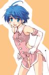  ahoge blue_eyes blue_hair cute_&amp;_girly_(idolmaster) earrings elbow_gloves gloves idolmaster idolmaster_(classic) idolmaster_1 jewelry kikuchi_makoto makita_yoshiharu no_pants short_hair snow_strawberry_(idolmaster) solo 