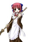 :d apron bamboo_broom blue_bow bow broom hair_bow japanese_clothes kimono kohaku long_sleeves looking_at_viewer maid mizuna_(water_emp-tei) open_mouth red_hair simple_background smile solo tsukihime white_background yukata 