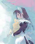  apron aqua_hair bag baguette black_dress bow bread brown_hair dress food groceries holding holding_bag long_hair long_sleeves looking_down maid maid_headdress murakami_suigun original shopping_bag smile solo umbrella white_bow 