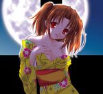  breasts cleavage fang flower full_moon head_tilt japanese_clothes kimono long_sleeves medium_breasts melty_blood moon night night_sky no_bra off_shoulder orange_hair q-gaku red_eyes sky smile solo tsukihime twintails yellow_kimono yukata yumizuka_satsuki 