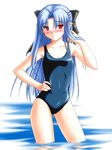  artist_request blue_hair blush hair_ribbon half_updo hand_on_hip len long_hair one-piece_swimsuit pointy_ears red_eyes ribbon school_swimsuit solo swimsuit tsukihime wet 