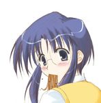  artist_request black_eyes blue_hair blush ciel eating embarrassed food from_behind glasses looking_at_viewer looking_back pasta rimless_eyewear short_hair sidelocks simple_background solo spaghetti tsukihime vest white_background yellow_vest 
