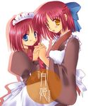  apron artist_request blue_eyes blush bow character_name hair_bow half_updo height_difference hisui holding_hands interlocked_fingers japanese_clothes kimono kohaku long_sleeves maid multiple_girls neck_ribbon puffy_sleeves red_hair ribbon short_hair siblings sisters smile symmetrical_hand_pose tsukihime twins yellow_eyes 