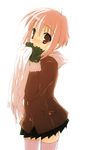  blush expressionless fur_coat gloves green_gloves head_tilt jo_(overture) long_sleeves looking_at_viewer original pink_hair pleated_skirt red_eyes scarf short_hair simple_background skirt solo standing thighhighs white_background white_scarf zettai_ryouiki 