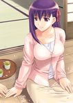  fate/stay_night fate_(series) floor hair_ribbon ishigaki_takashi long_hair long_sleeves matou_sakura petals purple_eyes purple_hair ribbon scan sitting smile solo 