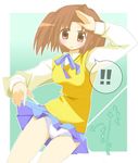  1girl artist_request bad_anatomy blue_ribbon blue_skirt border brown_eyes brown_hair collared_shirt error green_background hand_on_forehead long_sleeves looking_at_viewer panties pantyhose pleated_skirt ribbon shirt short_hair simple_background skirt skirt_lift speech_bubble spoken_exclamation_mark tsukihime underwear vest white_border white_panties white_shirt yellow_vest yumizuka_satsuki 