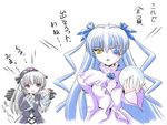  barasuishou black_wings blue_hair dress eyepatch flower frills grey_hair hairband hand_on_own_chest holding imai_kazunari long_sleeves looking_at_another multiple_girls puffy_sleeves purple_eyes red_eyes rose rozen_maiden suigintou sweatdrop translation_request two_side_up wings yellow_eyes 