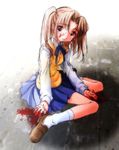  artist_request blood blood_on_face blood_stain bloody_hands blue_skirt brown_hair long_sleeves pleated_skirt red_eyes sad school_uniform shoes sitting skirt socks solo sweater_vest tears tsukihime twintails wariza yumizuka_satsuki 