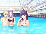  4girls :o adjusting_hair ahoge angry arm_behind_back artoria_pendragon_(all) bandeau beach_umbrella bikini black_bikini blonde_hair blush bracelet braid breasts cleavage criss-cross_halter eyes_visible_through_hair fate/hollow_ataraxia fate/stay_night fate_(series) game_cg green_eyes hair_bun hair_ribbon halter_top halterneck hand_on_own_chest head_tilt indoors jewelry long_hair looking_at_viewer matou_sakura multiple_girls navel parasol parted_lips partially_submerged photo_background pink_eyes pool pool_ladder purple_eyes purple_hair railing ribbon rider saber short_hair side-tie_bikini sidelocks single_braid small_breasts standing sweatdrop swimsuit tachi-e takeuchi_takashi thigh_gap umbrella v-shaped_eyebrows very_long_hair wading water waterpark white_bikini 