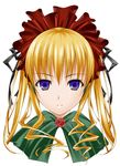  big_wednesday blonde_hair blue_eyes bonnet bow closed_mouth expressionless flower long_hair red_flower red_rose ribbon rose rozen_maiden shinku sidelocks solo twintails 