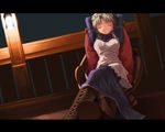  arms_behind_head boots chair closed_eyes copyright_request long_sleeves maid sleeping solo sun-3 wall_lamp 