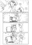  1girl 4koma chibi comic computer emiya_shirou explosion failure fate/stay_night fate_(series) greyscale happy monochrome silent_comic smile surprised takadoya toosaka_rin 