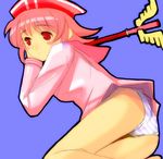  behoimi beret blue_panties bottomless hat long_sleeves lying no_pants on_side pani_poni_dash! panties pink_eyes pink_hair school_uniform serafuku solo striped striped_panties takashima thigh_gap underwear 