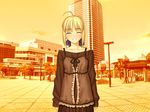  ahoge artoria_pendragon_(all) blonde_hair bow building closed_eyes dress fate/hollow_ataraxia fate/stay_night fate_(series) game_cg grin hair_bow lamppost layered_clothing long_sleeves outdoors saber skyscraper smile solo sunset takeuchi_takashi tree 