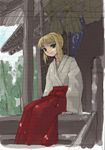  artoria_pendragon_(all) blonde_hair fate/stay_night fate_(series) hakama japanese_clothes long_sleeves miko pinzu red_hakama saber sketch solo 