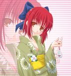  bag bagged_fish blush bow breasts cleavage fish flat_chest flower goldfish green_kimono hair_bow hair_in_mouth half_updo head_tilt japanese_clothes kimono kohaku long_sleeves nail_polish orange_eyes q-gaku red_hair short_hair small_breasts smile solo striped tsukihime yukata zoom_layer 