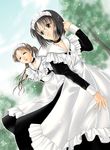  black_hair brown_hair day glasses kayazu_taira long_sleeves maid multiple_girls original outdoors short_hair tree 