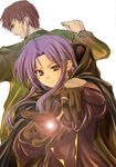  1girl asaga_aoi back-to-back brown_hair cape caster earrings fate/stay_night fate_(series) hood jewelry kuzuki_souichirou lavender_hair light_smile long_hair looking_at_viewer magic pointy_ears ring simple_background very_long_hair 