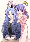  3girls blue_eyes blue_hair braid caster casual chibi chibi_inset collarbone fate/hollow_ataraxia fate/stay_night fate_(series) hair_ribbon hug hug_from_behind jacket jealous lavender_hair lipstick long_hair long_skirt long_sleeves looking_at_viewer makeup matou_sakura multiple_girls o_o one_side_up otaut-r purple_eyes ribbon rider side_braid skirt smile tan_skirt very_long_hair 