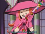  closed_eyes earrings gloves happy hat jewelry long_hair magical_girl meilleure_chocolat necklace orange_hair pendant pink_gloves pink_hat screencap solo subtitled sugar_sugar_rune wand window witch witch_hat 