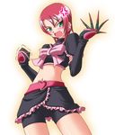  anger_vein blush claws clenched_hand cosplay cure_black cure_black_(cosplay) earrings elbow_gloves fang futari_wa_precure gloves green_eyes jewelry magical_girl matatabi_(2ccp) midriff my-hime parody precure red_hair short_hair shorts shorts_under_skirt simple_background solo sweatdrop trembling white_background yuuki_nao 