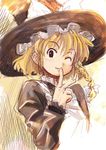  blonde_hair bow braid finger_to_mouth hair_bow haniwa_(leaf_garden) hat kirisame_marisa long_sleeves one_eye_closed single_braid solo touhou upper_body witch_hat 