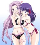  artist_request bikini fate/stay_night fate_(series) long_hair matou_sakura multiple_girls pink_hair purple_eyes purple_hair rider side-tie_bikini swimsuit translated very_long_hair 