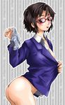  ass blazer blue_panties blush bottomless brown_eyes brown_hair dress_shirt glasses holding holding_panties jacket long_sleeves office_lady original panties polka_dot polka_dot_panties shirt short_hair solo standing underwear watage_(tondeke_watage) 