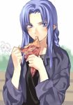  ahoge artoria_pendragon_(all) blue_eyes blue_hair braid caster casual crepe drooling eating engo_(mongo) fate/stay_night fate_(series) food long_hair long_sleeves pointy_ears saber short_hair 