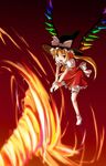  :d attack bangs black_hat blonde_hair bloomers blurry borrowed_garments bow brown_eyes cravat fire flandre_scarlet flying frilled_skirt frilled_sleeves frills gradient gradient_background haniwa_(leaf_garden) hat hat_bow headwear_switch holding holding_weapon laevatein long_hair no_shoes one_side_up open_mouth puffy_short_sleeves puffy_sleeves red red_background red_skirt red_vest short_sleeves skirt skirt_set smile socks solo touhou underwear v_arms vest weapon white_bow wings witch_hat 