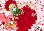  blonde_hair blue_eyes bow brown_hair chain collaboration dress green_eyes hat hina_ichigo long_hair long_sleeves looking_at_viewer lying multiple_girls noda_mirei petals pink_bow ribbon rozen_maiden sakuragi_akira shinku very_long_hair 