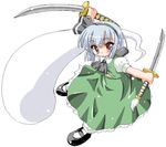  :o ascot black_hairband blush bob_cut bow dual_wielding from_above full_body hair_bow hairband head_tilt hitodama holding katana kekyo konpaku_youmu konpaku_youmu_(ghost) looking_at_viewer looking_up mary_janes md5_mismatch midriff oekaki orange_eyes puffy_sleeves sheath shirt shoes short_hair sidelocks simple_background skirt skirt_set snowing solo standing sword touhou vest weapon white_background white_legwear 