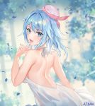  1girl :d artist_name atdan back backless_dress backless_outfit bangs bare_arms bare_shoulders blue_eyes blue_hair blue_nails blurry blush breasts depth_of_field dress fang from_behind hair_between_eyes hair_intakes haiyi hand_up hat highres jellyfish long_hair looking_at_viewer looking_back medium_breasts nail_polish open_mouth petals pink_hat shoulder_blades sidelocks smile solo star tilted_headwear upper_body vocaloid white_dress 