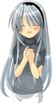  :d blush clannad closed_eyes hairband hands_together izumi_rei long_hair open_mouth own_hands_together sakagami_tomoyo silver_hair simple_background smile solo white_background 