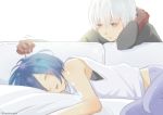  1boy 1girl @ artist_name bare_arms black_bra black_shirt blue_hair blue_legwear bra commentary_request couch dark_skin eyebrows_visible_through_hair hikari_(skrir-mu56) kaneki_ken kirishima_touka looking_at_another lying on_couch on_side open_eyes pants red_eyes shirt short_hair simple_background sleeping tokyo_ghoul tokyo_ghoul:re underwear white_background white_hair white_shirt 